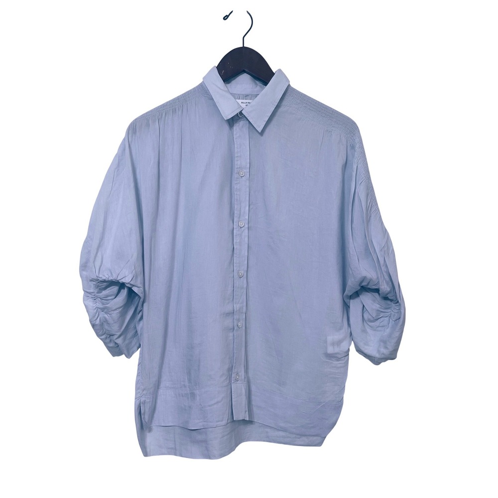 Billy Reid Cotton Silk Smocked Blouse Light Blue XS Luxury Minimalist Ethereal
